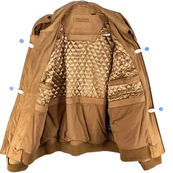Roundtree & Yorke Mens L Genuine Leather Bomber Jacket Tan Diamond Quilted Liner - Picture 3 of 16